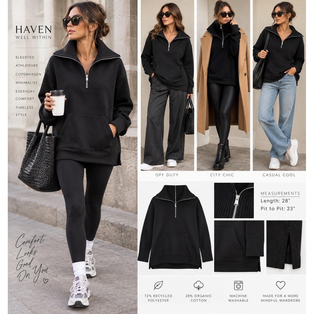 Haven Quarter Zip Sweatshirt Womens M Black Excellent Ribbed Athleisure Pullover